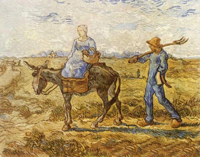 Oil painting Vincent Van Gogh - Morning - Peasant Couple Going to Work & donkey