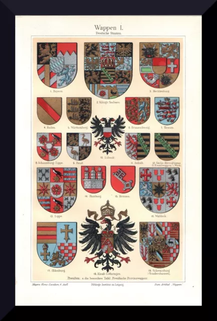 Wappen der Deutschen Staaten +Druck/Chromolitho von 1905 +Heraldik,Reuß,Waldeck