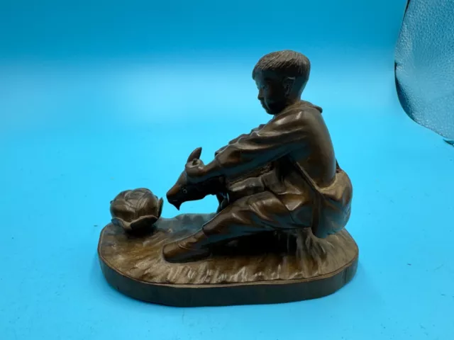 Chinese Wood Carving of a Boy Dragging a Goat, Cultural Revolution Period