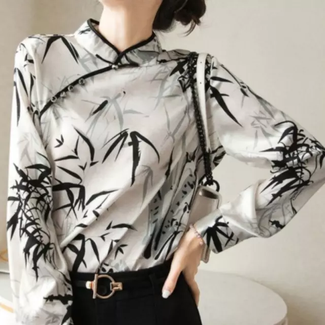 Women Chinese Style Top Shirt Mandarin Collar Floral Printed Long Sleeve Elegant