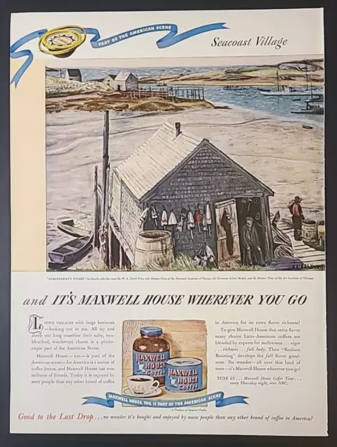 1946 Maxwell House Coffee Seaside Village / Beach Vintage Magazine Print Ad