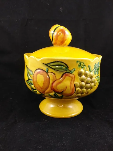 California Pottery USA Covered footed candy Bowl/Dish Majolica with fruit lid