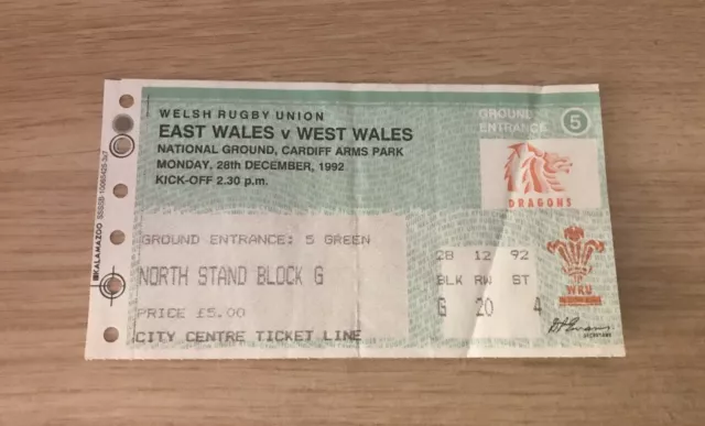 East Wales v West Wales, Used Ticket Stub - 1992 WRU Challenge - Mon 28/12/1992