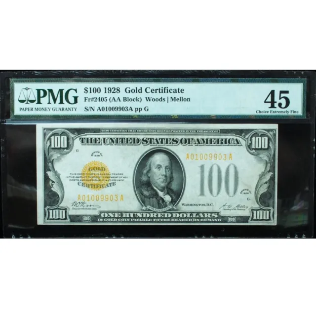 1928 $100 Gold Certificate FR# 2405 PMG 45 Extra Fine, Stunning Quality!