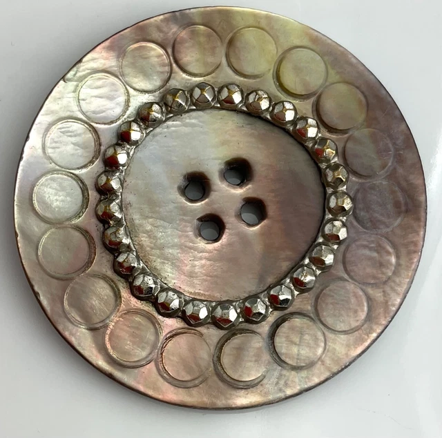 LARGE Antique Carved Pearl Circles Metal Ring Old Button