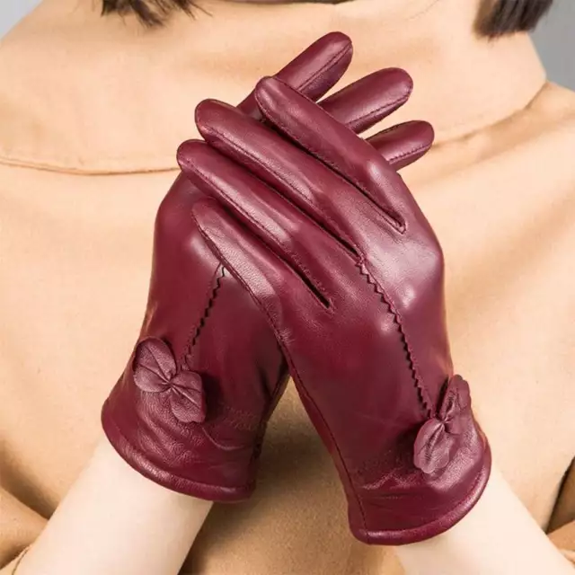 Womens Gloves Genuine Lambskin Leather Solid Winter Warm Driving Soft Lining 2