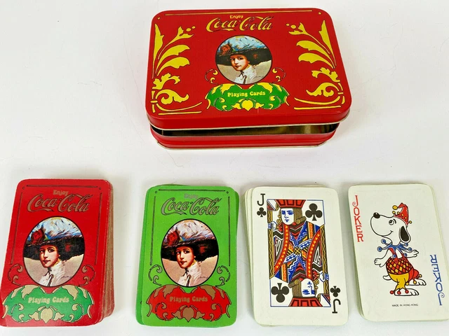 VTG Coca-Cola Playing Cards Metal Tin Box 2 Set Red Green Leafy Gold 60s-70s