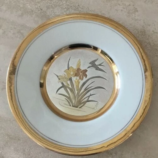 Chokin Art Plate Iris Floral Bird 24K Golden Edge Japan Vintage Collectible