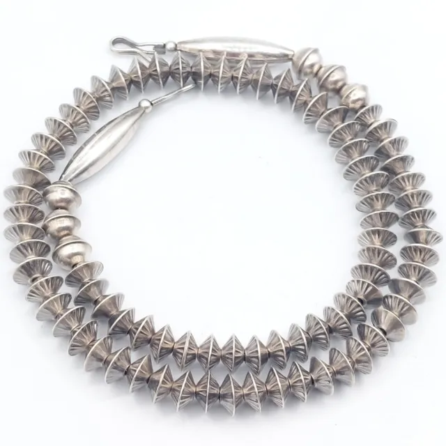 8mm 18" Fluted Navajo Saucer Pearl Bench Bead Necklace Sterling Southwest...