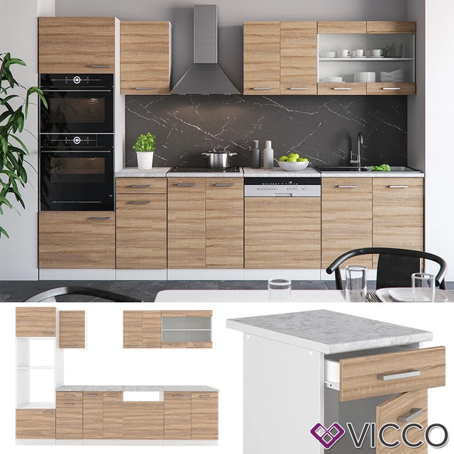 Vicco Cuisine Fame-Line, Bleu clair-gris/anthracite, 300cm , PT Chêne