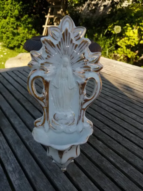 Joli Benitier Vierge Marie Ancien En Porcelaine De Paris Bel Etat Blanc Et Or