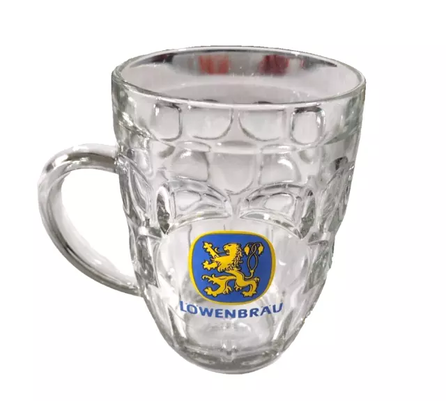 Lowenbrau 1 PINT German Beer Glass dimpled with blue gold lion symbol Vintage