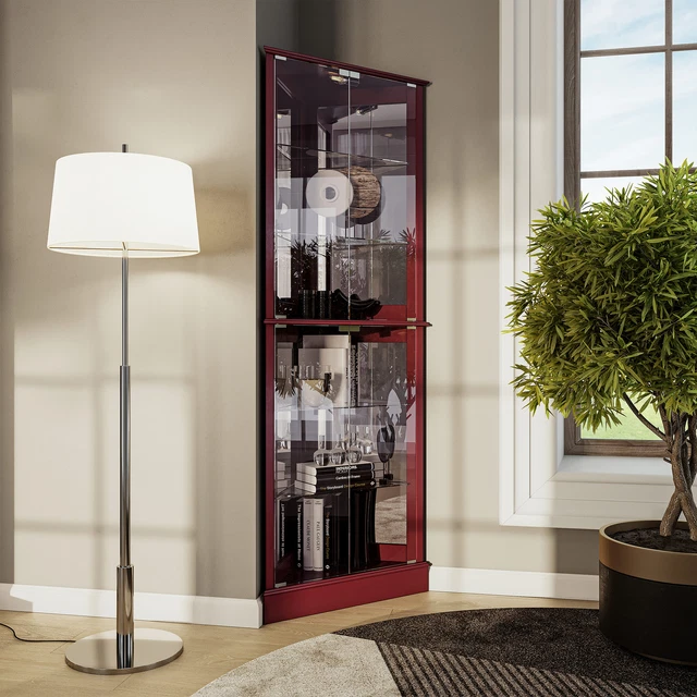 Woody Lighted Corner Curio Cabinet Tempered Glass Door 6 Shelves, 2 Colors Woody Lighted Corner Curio Cabinet Tempered Glass Door 6 Shelves, 2 Colors