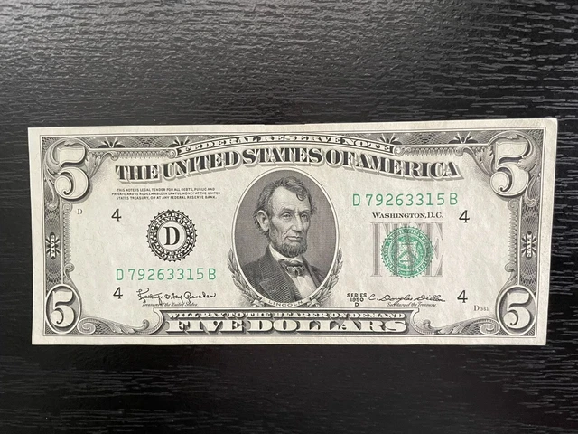 1950 D Five Dollar Note, Cleveland, Ohio reserve, uncirculated