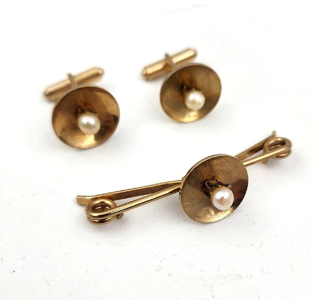 Vintage Gold Tone Faux Pearl Cufflinks and Collar Stay Bar Clip Formal