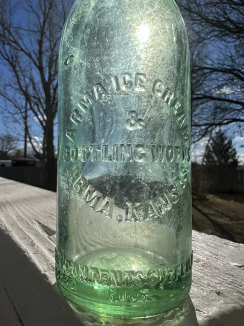 Arma Ice Cream Bottling  Vintage  Soda Bottle Embossed Arma Kansas Green Tint