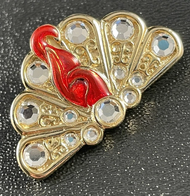 Vintage Art Deco Brooch Pin Red Peacock Rhinestones Gold Tone Metal