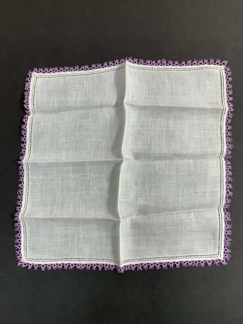Vintage White Handkerchief Linen Hand Made With Purple Lace Tatting 10.5” EUC