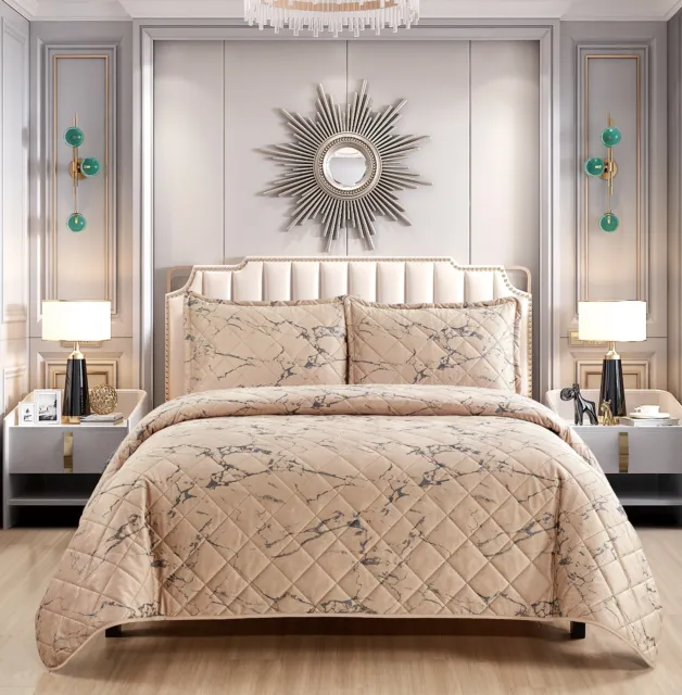 Luxury Marble Print Bedspread 3 PC 7 PC Quilted Comforter Bedding Set Curtains