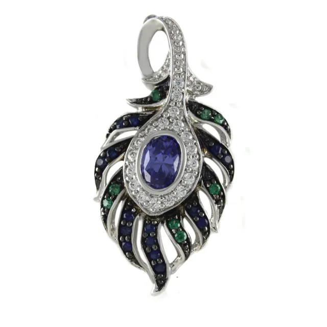 1.79 Ct "Peacock Feather" Pendant Simulated Tanzanite 14K Gold Plated 925 Silver 4