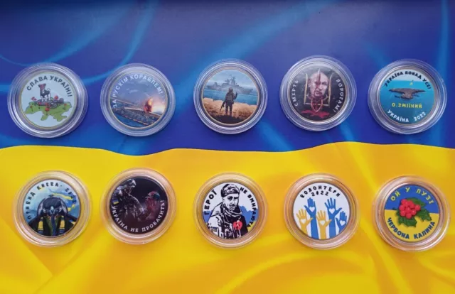 Die Ukraine stellte 10 münzähnliche Souvenirmarken im Wert von 1 Griwna...