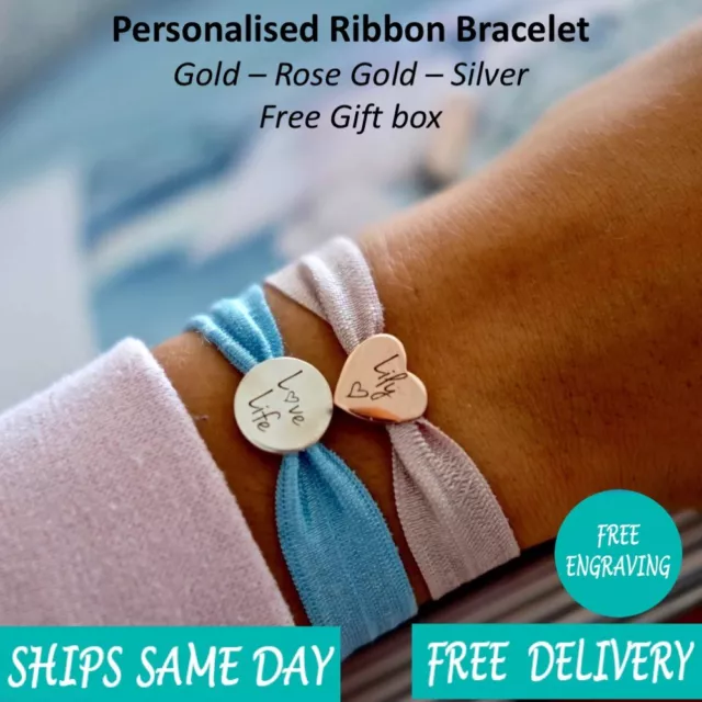 Personalised Engraved Jewellery Ribbon Bracelet - Gold Silver Rose Gold- Giftbox