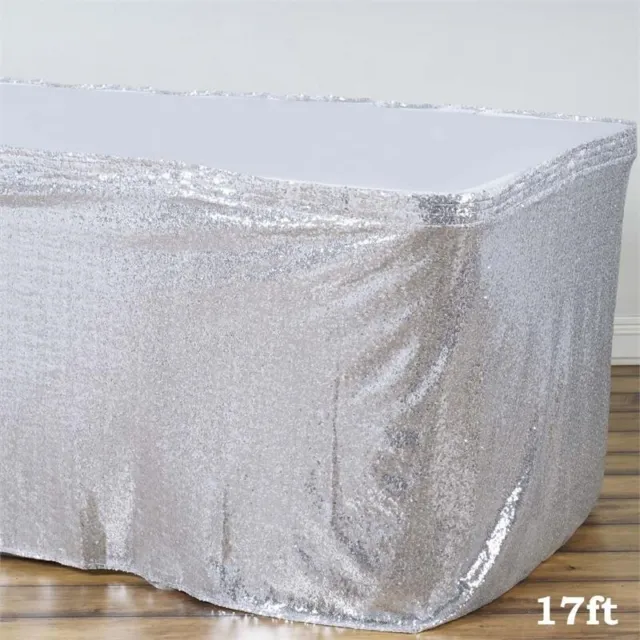 17 ft Silver SEQUIN TABLE SKIRT Wedding Party Catering Trade Show Banquet