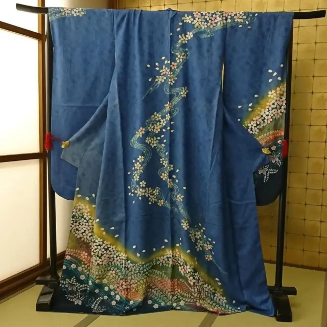 Japanese kimono antique Furisode blue cherry blossom running water paulownia #32