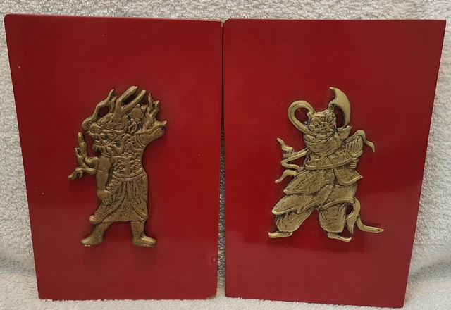 Set Of 2 Vintage Asian Japanese Bronze Dragons Red Lacquer Wall Plaques~Menuki ?