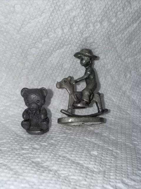 Vintage Pewter LOT Boy On Rockinghorse And Teddy Bear