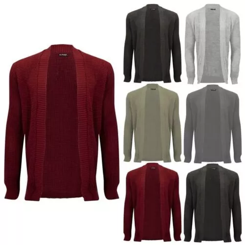 Uomo Aperto Davanti Grosso Maglia a Coste Manica Lunga Giacca Maglione Cardigan