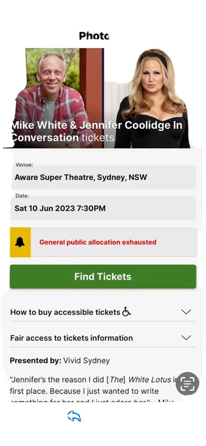 Jennifer Coolidge Tickets X 2 Vivid Sydney 10 June