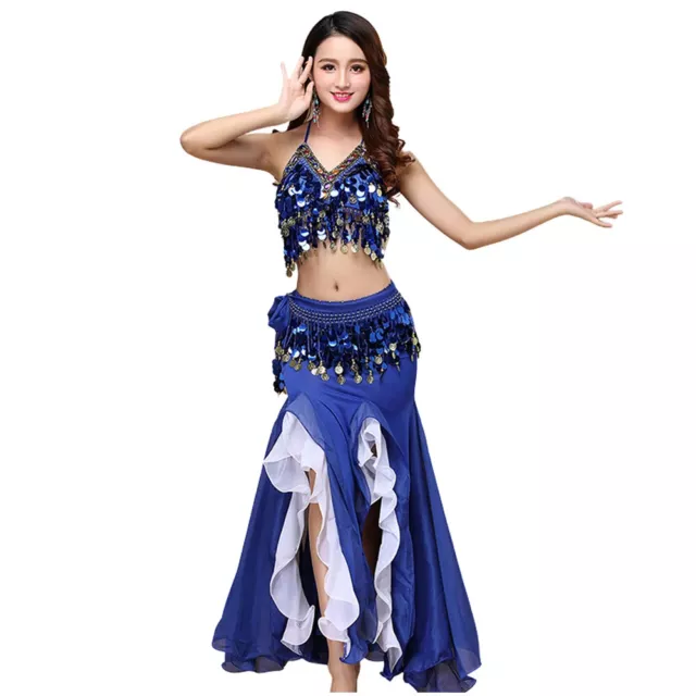Arabic Belly Dance Costumes Beaded Bra Top Hip Belt 2 Sides Slit Skirt Suit  Wear