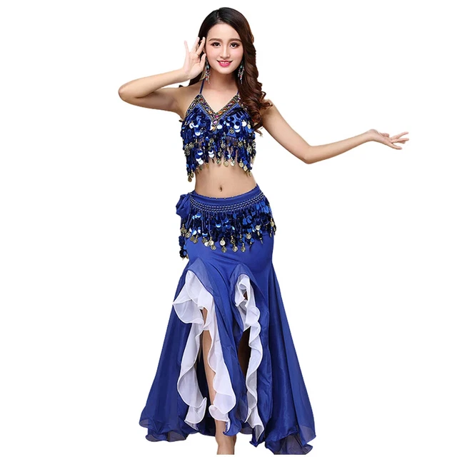 Arabic Belly Dance Costumes Beaded Bra Top Hip Belt 2 Sides Slit Skirt Suit  Wear