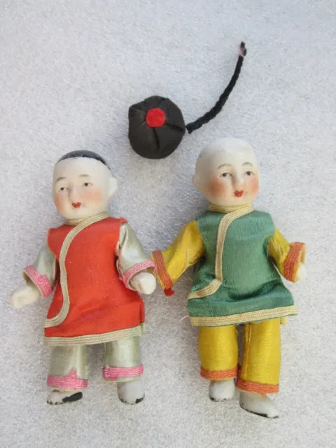 Super Cute Original Vintage Chinese Boy & Girl Porcelain Bisque Dolls Set 4”