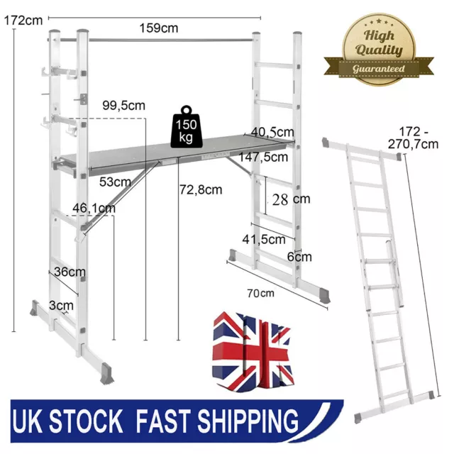 3 in 1 Aluminium Mutil-Purpos DIY Working Ladder Scaffold Tower Step Ladder UK