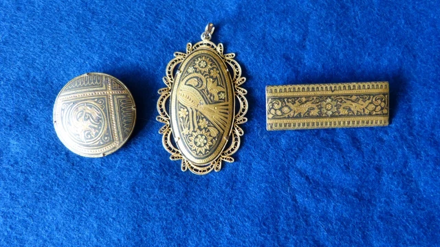 Broche Vintage Or De Tolède Avec Camée Noir – Résine, Fait Main, K11