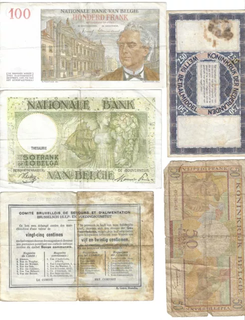 BELGIQUE Rare lot de 5 billets belges À IDENTIFIER