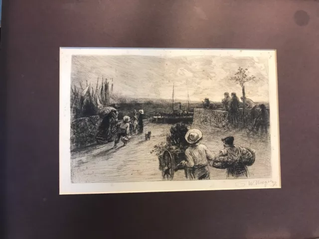 Antique German artist WILLIAM UNGER art ETCHING engraving “Peddlers” Hand signed