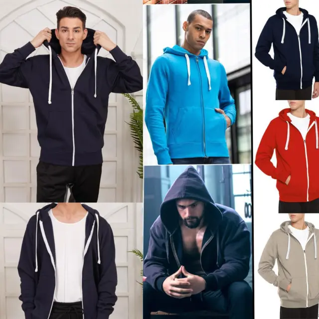 Mens Full Zip Up Plain Hooded Sweatshirt Fleece Zipper Warm Soft Lined Hoodie