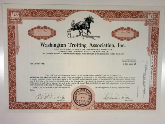 PA. Washington Trotting Association,Inc 1968 Specimen Stock Cert Odd Shr XF SCBN