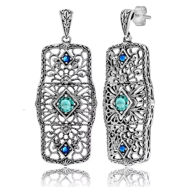 Natural  2CT Aquamarine & Sapphire 925 Sterling Silver Filigree Earrings FB10