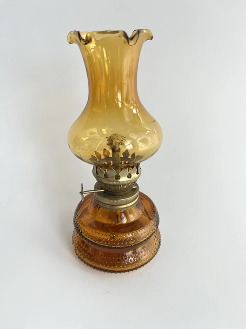Vintage Oil Lamp With Amber Glass Scalloped Chimney And Amber Glass Oil Base