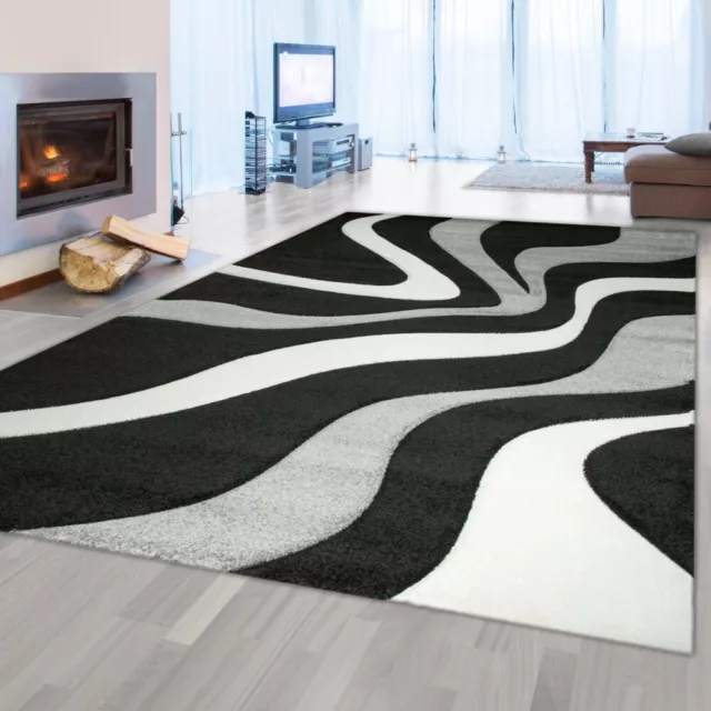 Alfombra de salón de diseño con estampado de ondas | gris negro y blanco