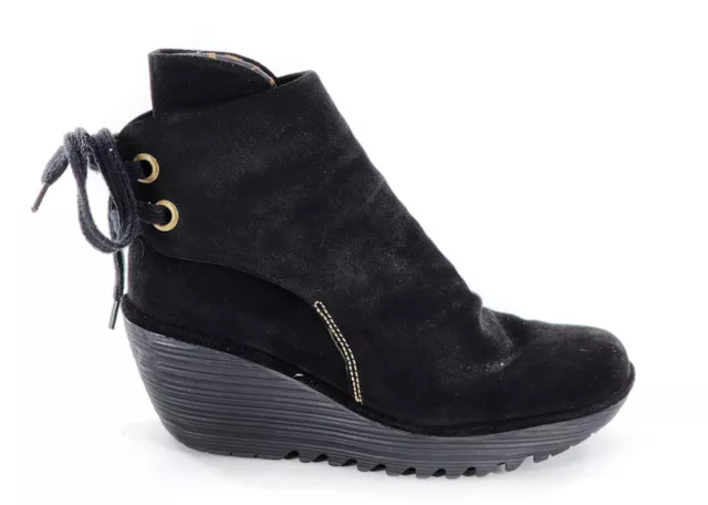 FLY LONDON Yama Black Suede Platform Wedge Ankle Bootie ONE LACE Size 39 / 8 8.5