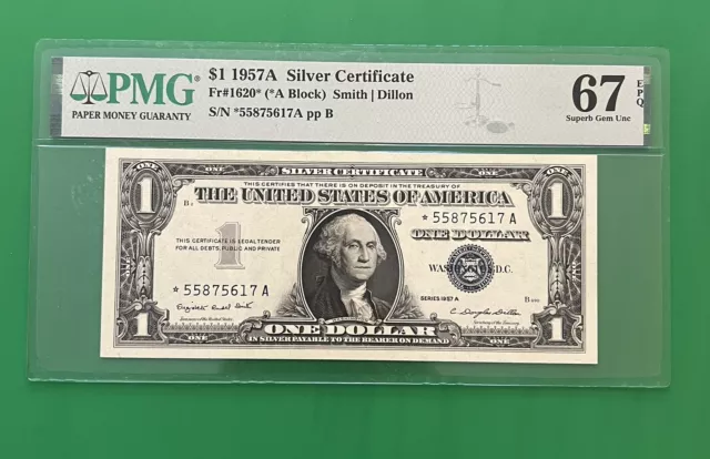 1957A $1 Silver Certificate *star* PMG 67 EPQ *-A block Fr 1620* SUPERB GEM+