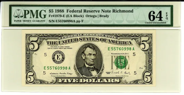 1988 $5 Federal Reserve Note - PMG 64 EPQ - CU - Richmond - 1979-E - FRN 