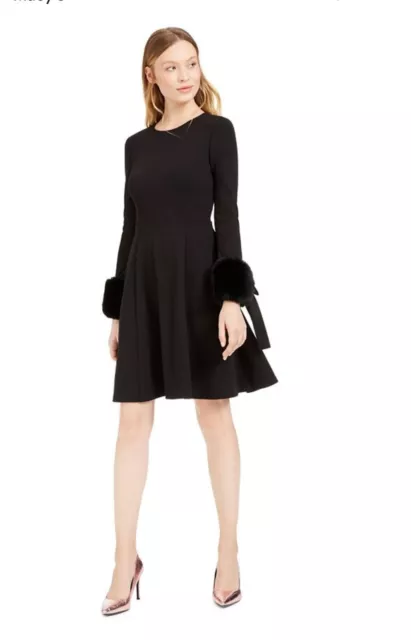 Calvin Klein Adorable Faux Fur Cuffed Fit & Flare Little Black Dress Size 16