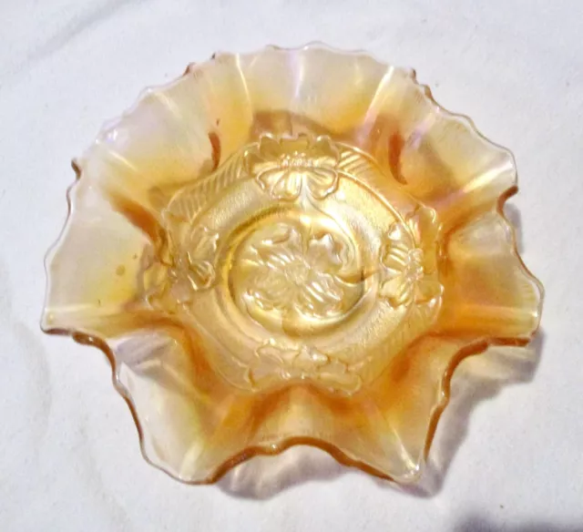 Vintage Marigold Dugan Carnival Glass Apple Blossoms Ruffled Bowl