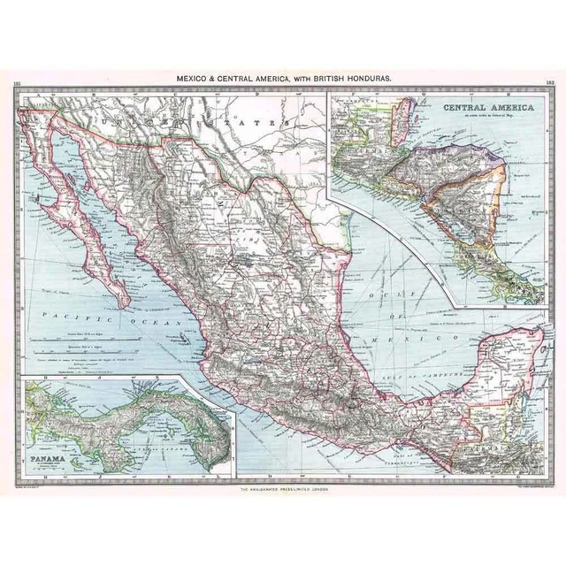 Antique Map 1906 - Mexico, Central America With British Honduras - Harmsworth